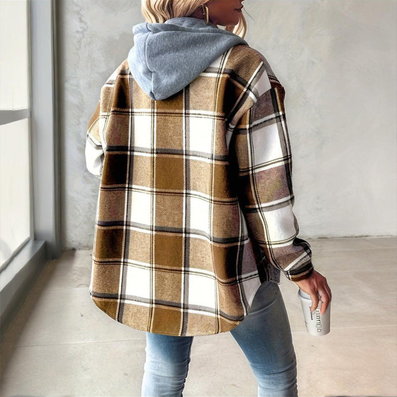 Women's Plaid Drawstring Hoodie Long Sleeve