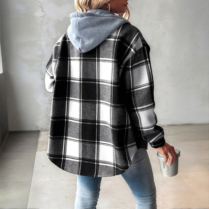 Women's Plaid Drawstring Hoodie Long Sleeve
