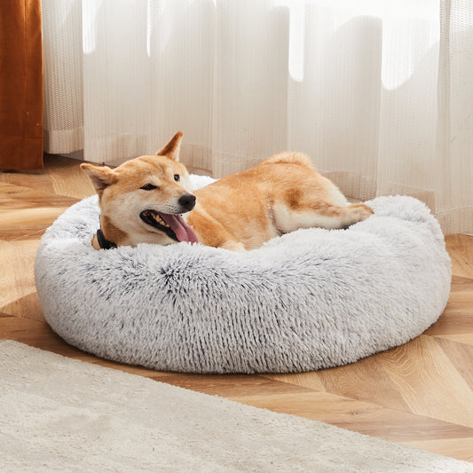 Round Fluffy Plush Faux Fur Dog/Cat Bed, 24 Inch Anti-Slip, Fits Up To 25 Lbs Pets