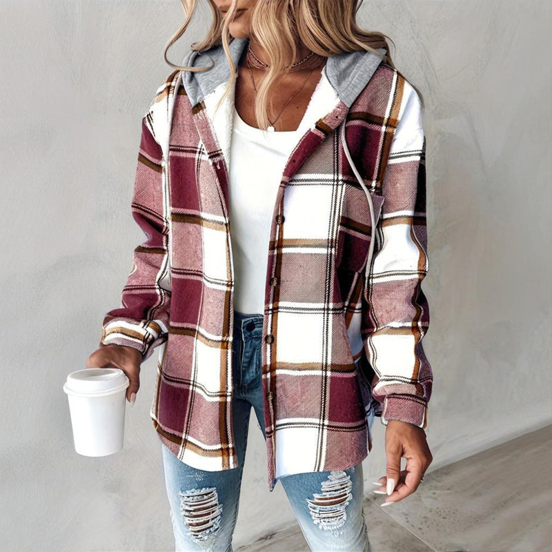 Women's Plaid Drawstring Hoodie Long Sleeve