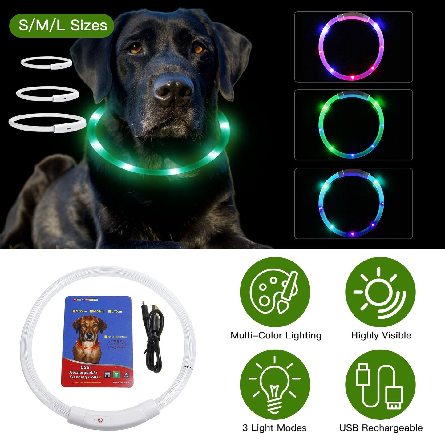 USB Rechargeable LED Dog Collar Multi Color Cuttable Length Night Walking