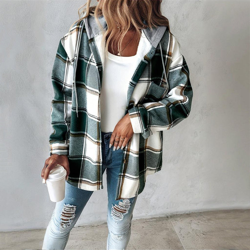 Women's Plaid Drawstring Hoodie Long Sleeve