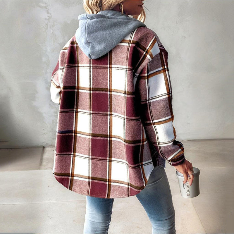 Women's Plaid Drawstring Hoodie Long Sleeve