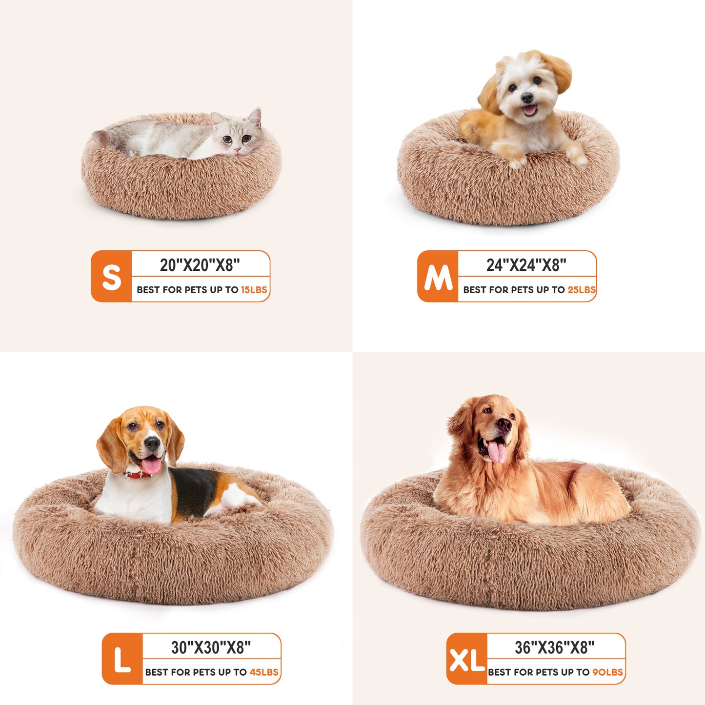 Round Fluffy Plush Faux Fur Dog/Cat Bed, 24 Inch Anti-Slip, Fits Up To 25 Lbs Pets