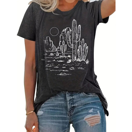 Women's Cactus Graphic Print Casual Crew Neck Short Sleeve T-shirt