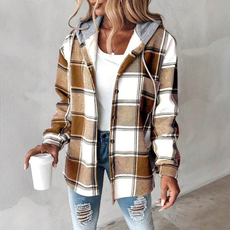 Women's Plaid Drawstring Hoodie Long Sleeve