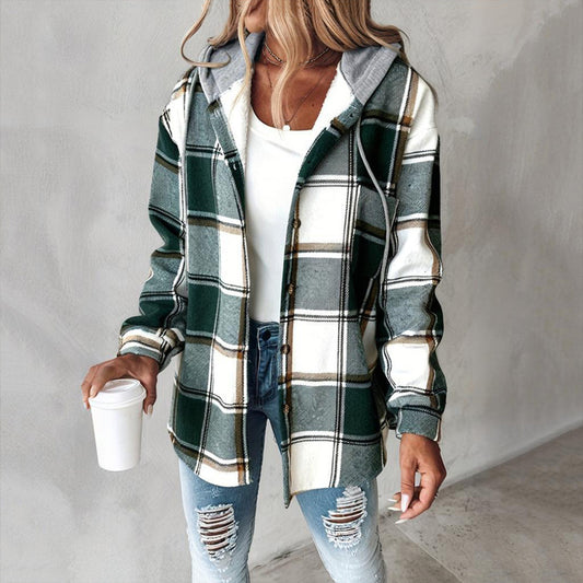 Women's Plaid Drawstring Hoodie Long Sleeve