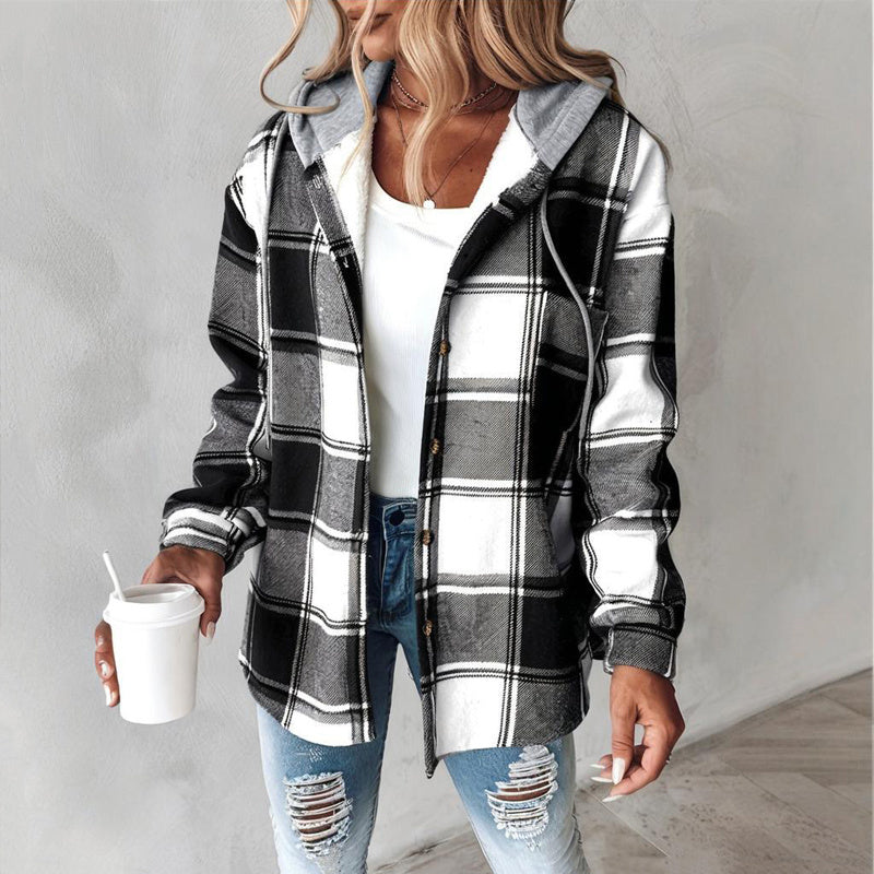 Women's Plaid Drawstring Hoodie Long Sleeve