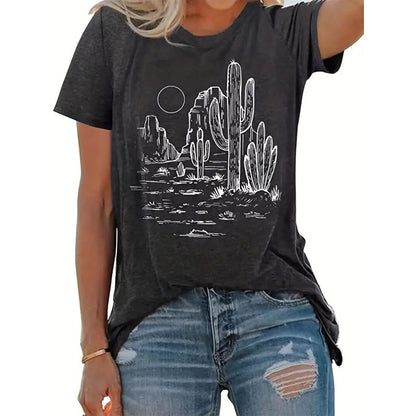Women's Cactus Graphic Print Casual Crew Neck Short Sleeve T-shirt